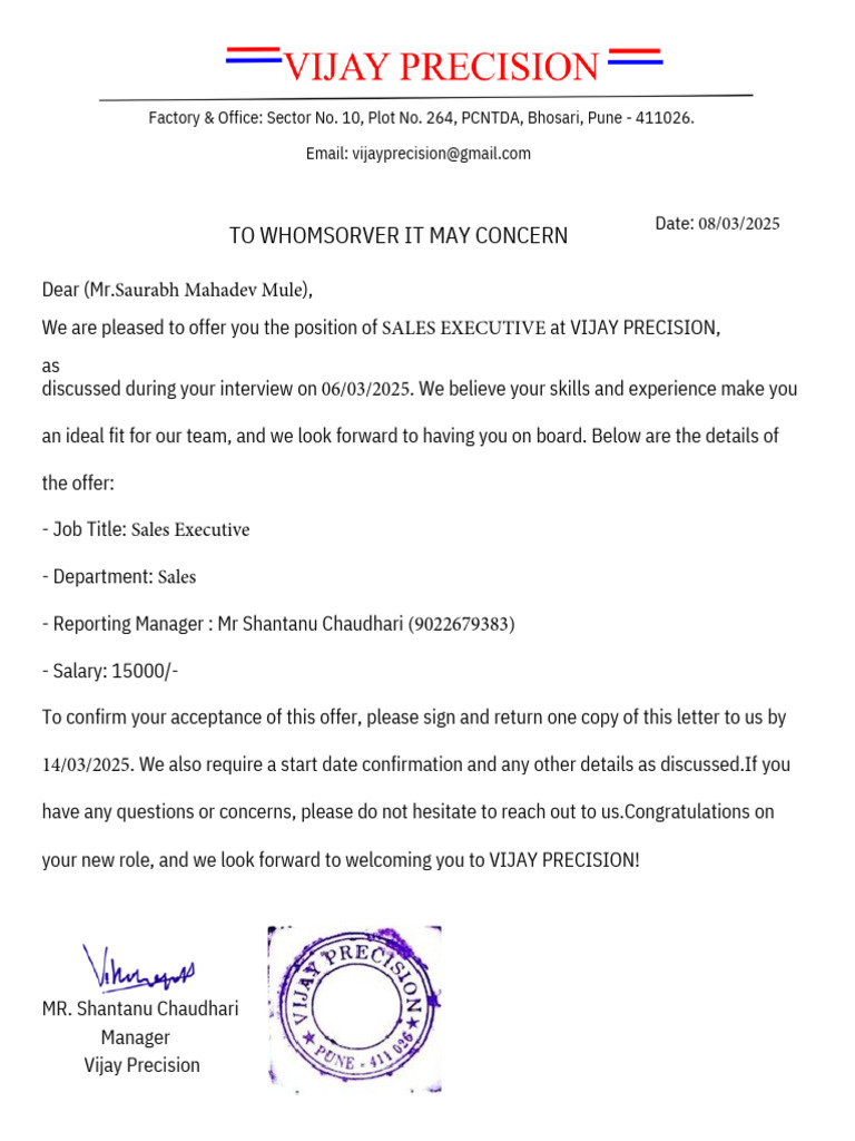 Job Offer Letter | PDF