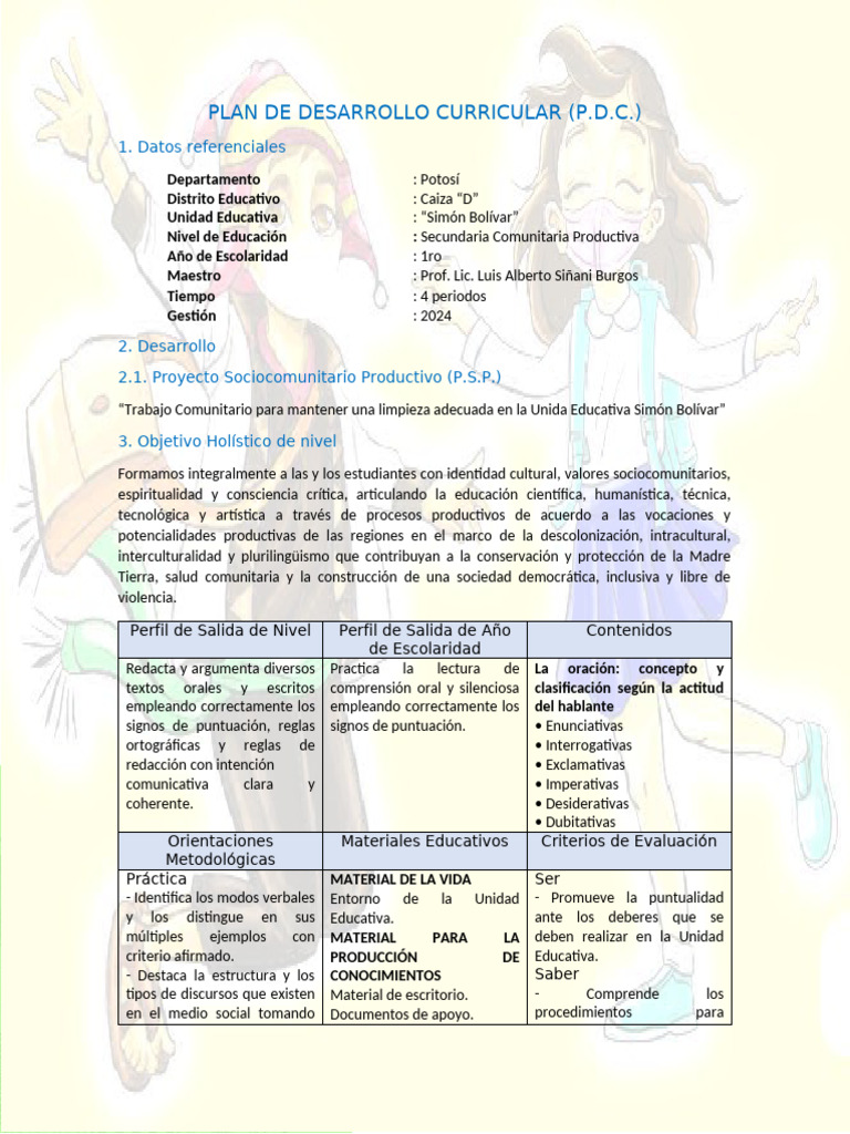 Plan de Desarrollo Curricular, Primero | PDF | Bolivia | Verbo