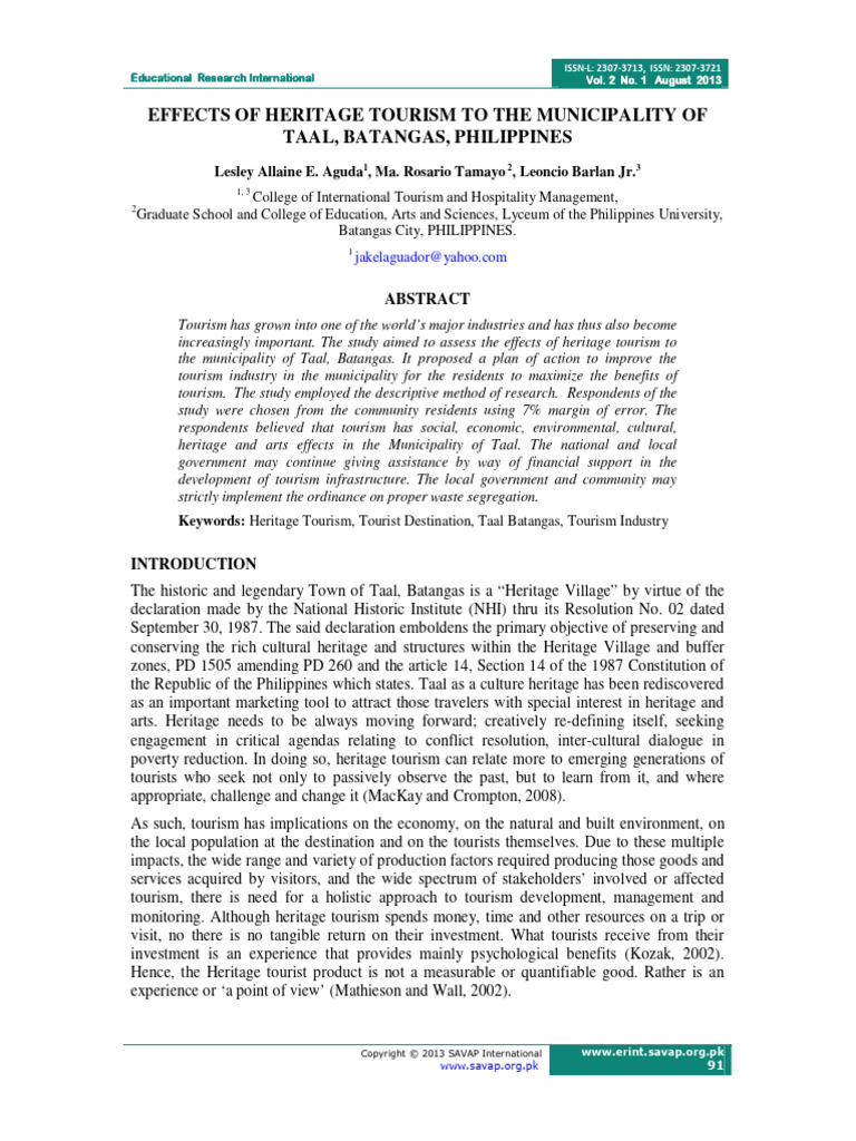 Heritage Tourism Impact in Taal, Batangas | PDF | Tourism | Analysis Of ...