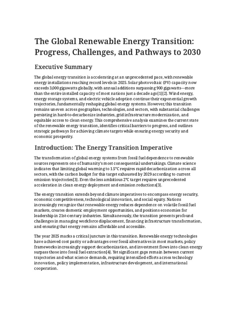 The Global Renewable Energy Transition: Progress, Challenges, and ...