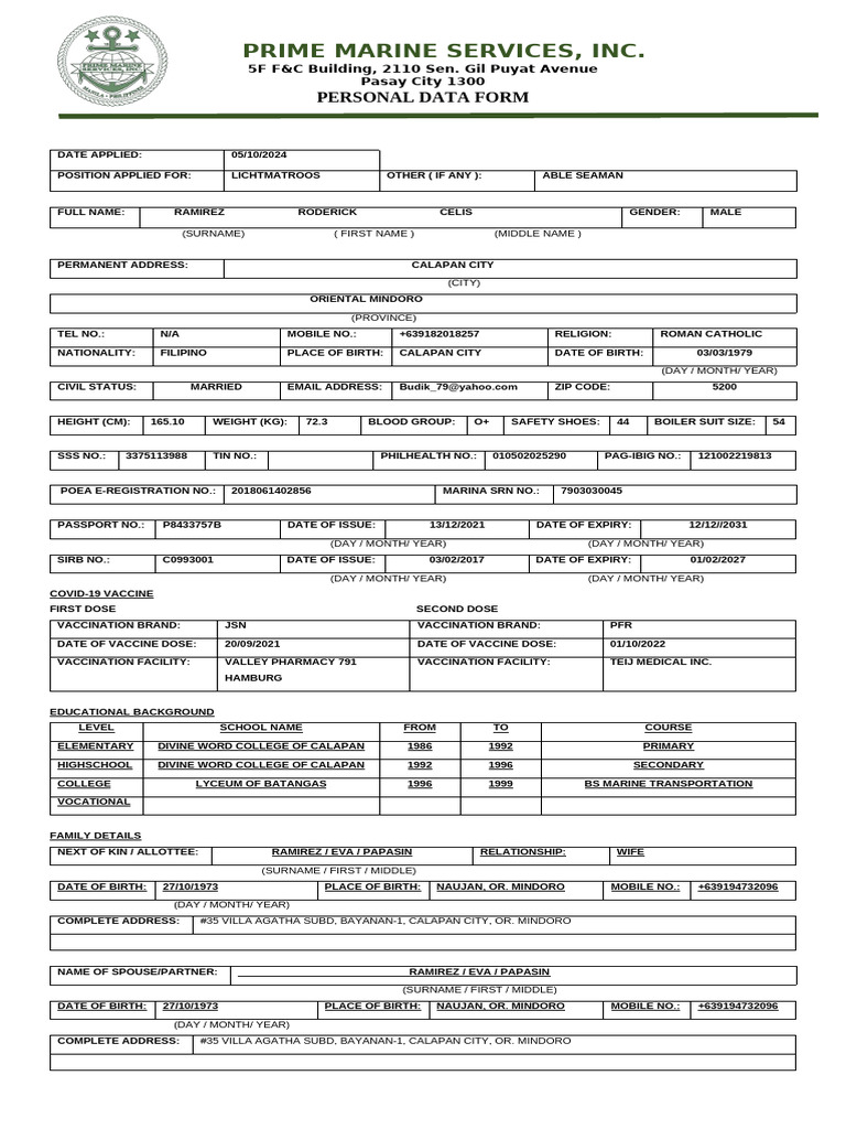 Personal Data Form for Roderick Ramirez | PDF