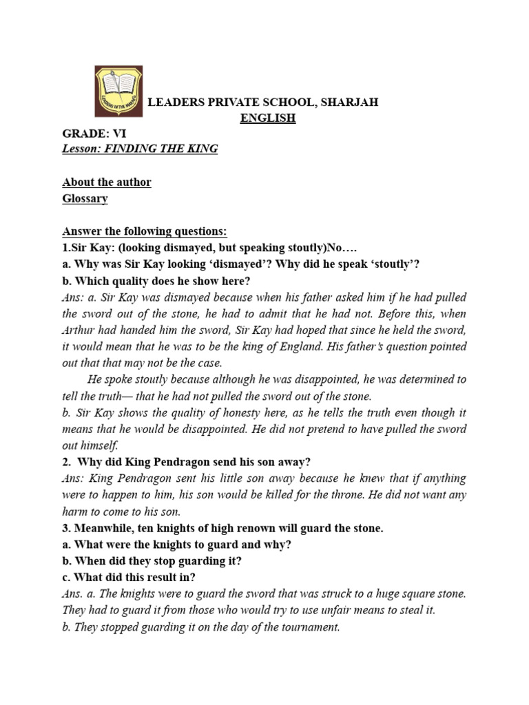 Finding the King: Grade VI English Lesson | PDF
