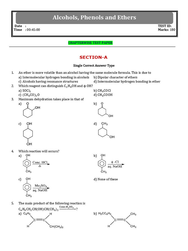 Chapterwise Test on Alcohols and Ethers | PDF | Ether | Ethanol