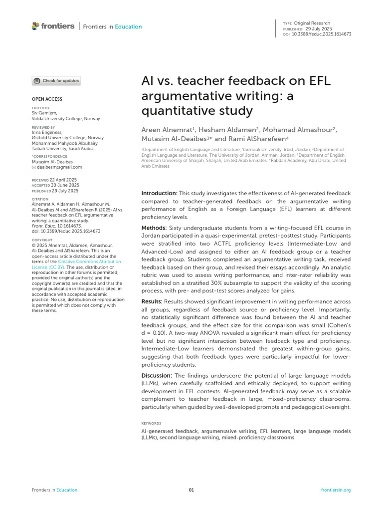 AI vs. Teacher Feedback On EFL Argumentative Writing A Quantitative ...