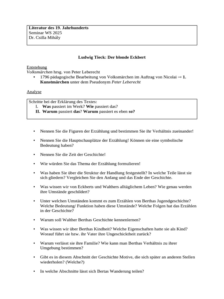 Tieck Arbeitsblatt | PDF