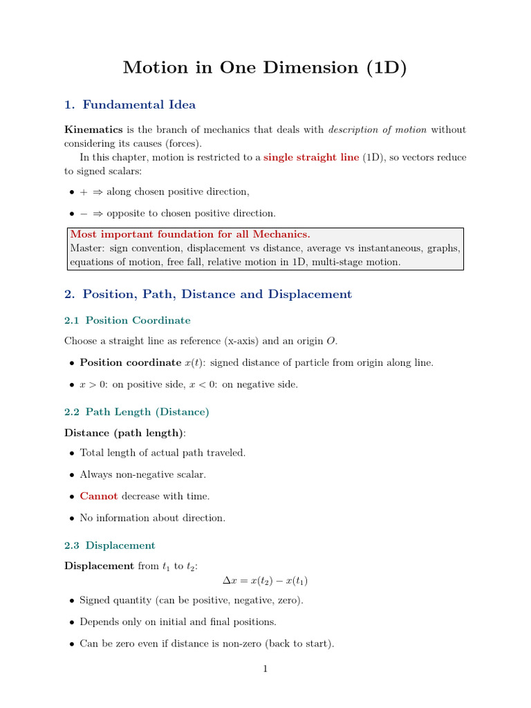 1D Motion: Kinematics Essentials | PDF | Velocity | Kinematics