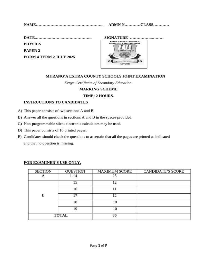 Physics Marking Scheme for KCSE Exam | PDF | Light | Waves