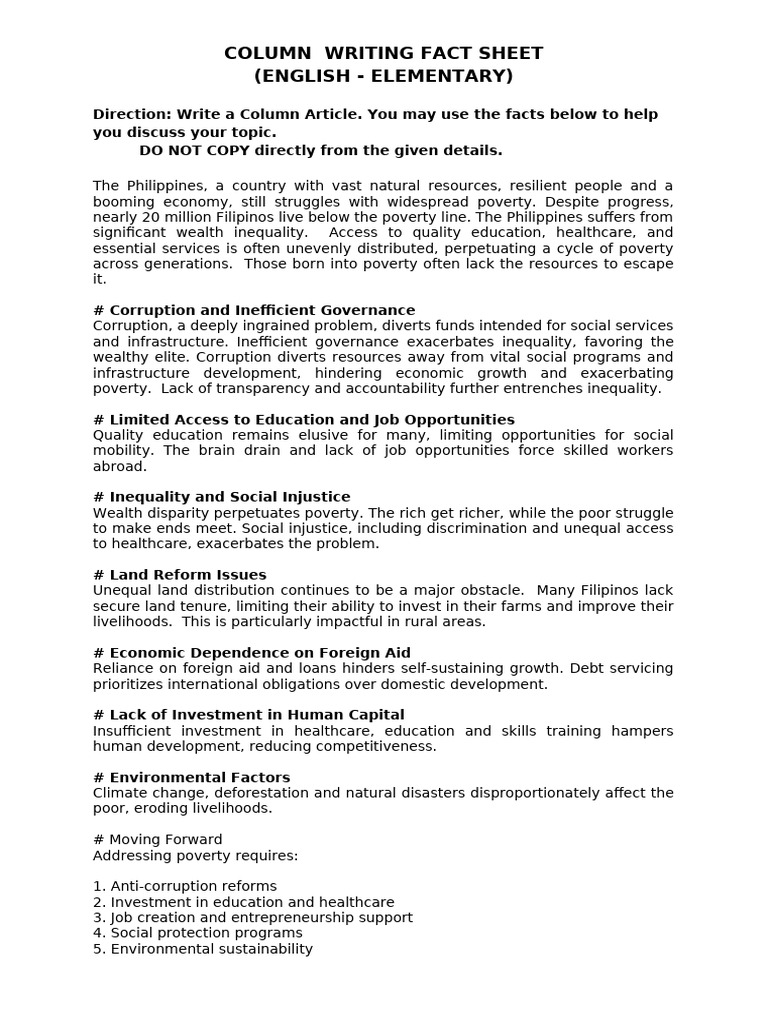 Column Writing FACT SHEET | PDF | Poverty | Poverty & Homelessness