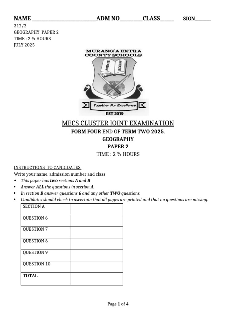 Geography Paper 2 Exam July 2025 | PDF | Kenya | Natural Environment