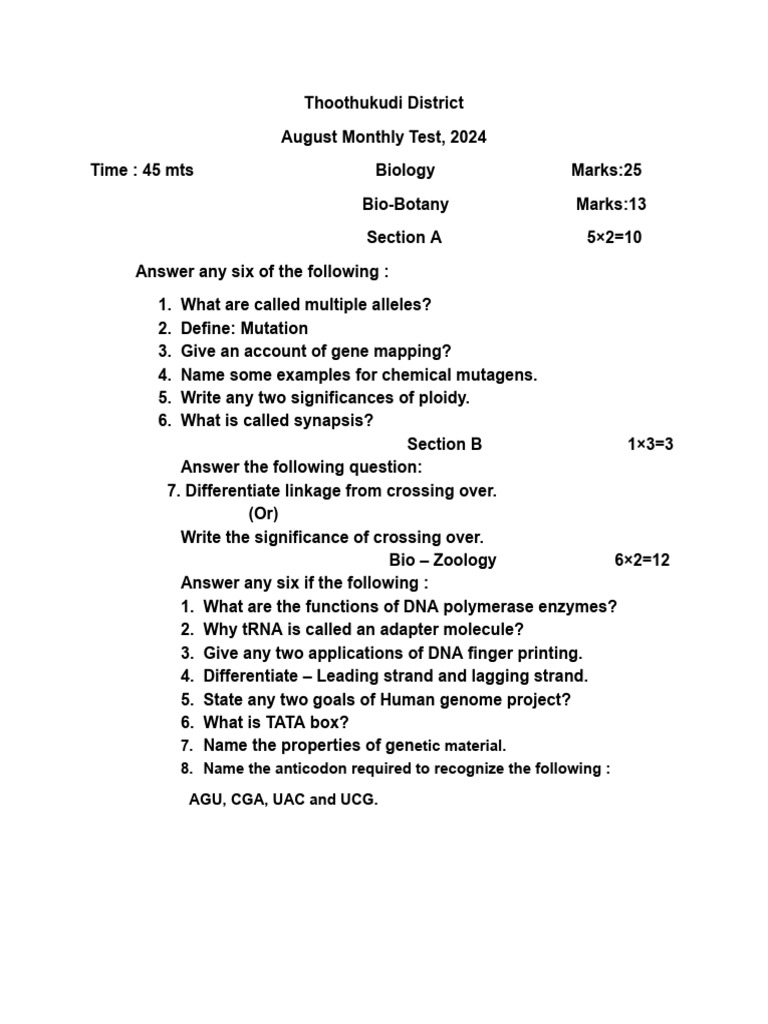 12th Bio Botany Monthly Test 2024 Question Paper Thoothukudi District ...