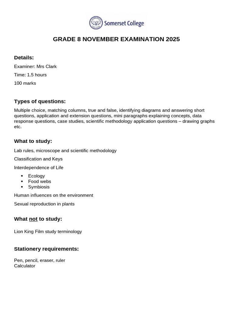 Grade 8 November Examination 2025 | PDF