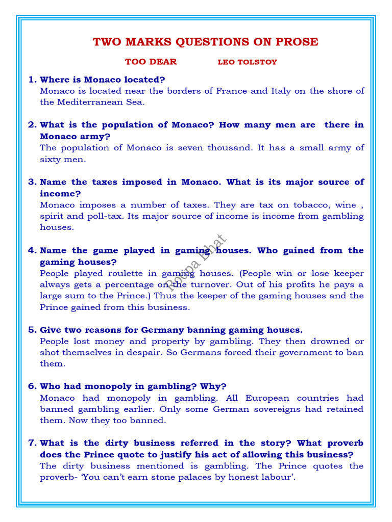 Two Marks Questions on Prose | PDF | Monaco | Expense