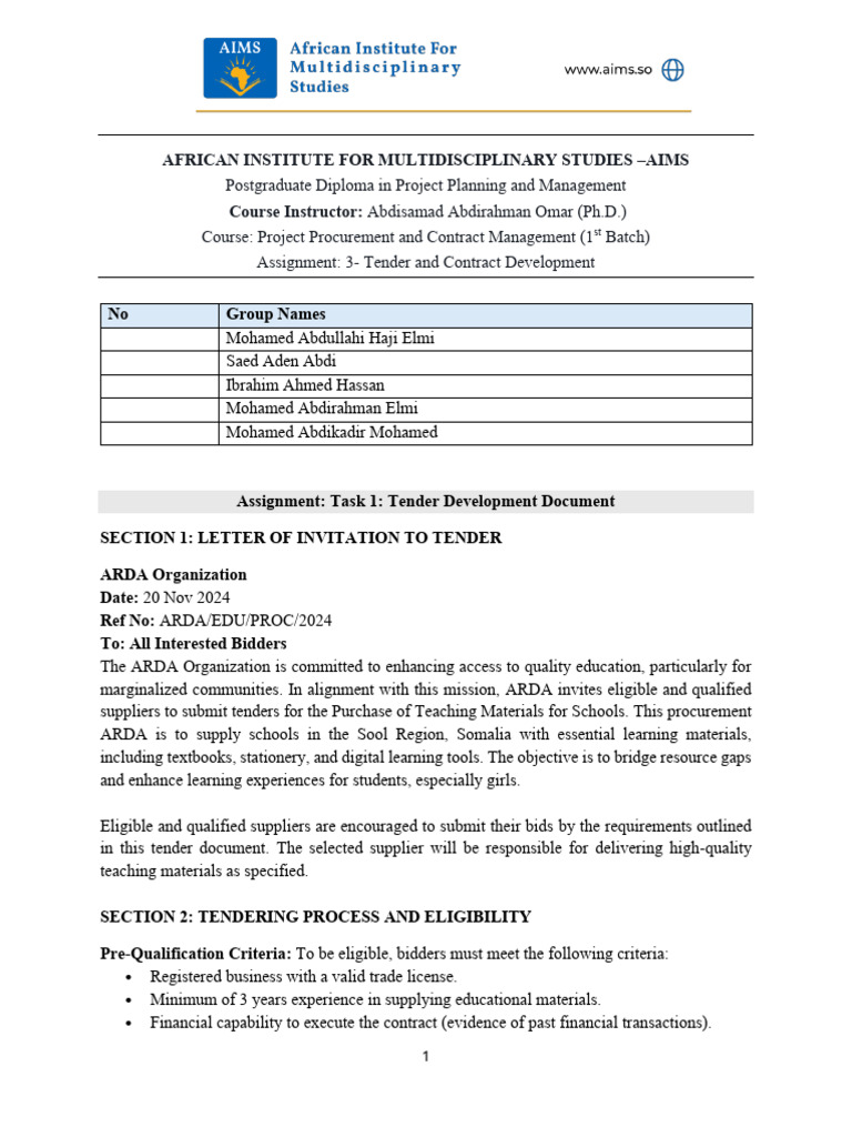 Group Assignment 5. Tender and Contract Development | PDF | Procurement ...