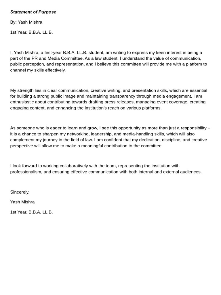 Yash Mishra's PR Committee Application | PDF