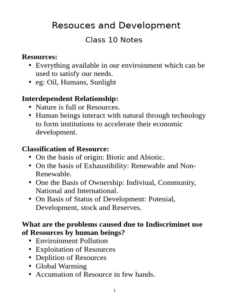 Class 10 Resource Development Notes | PDF | Soil | Sustainable Development