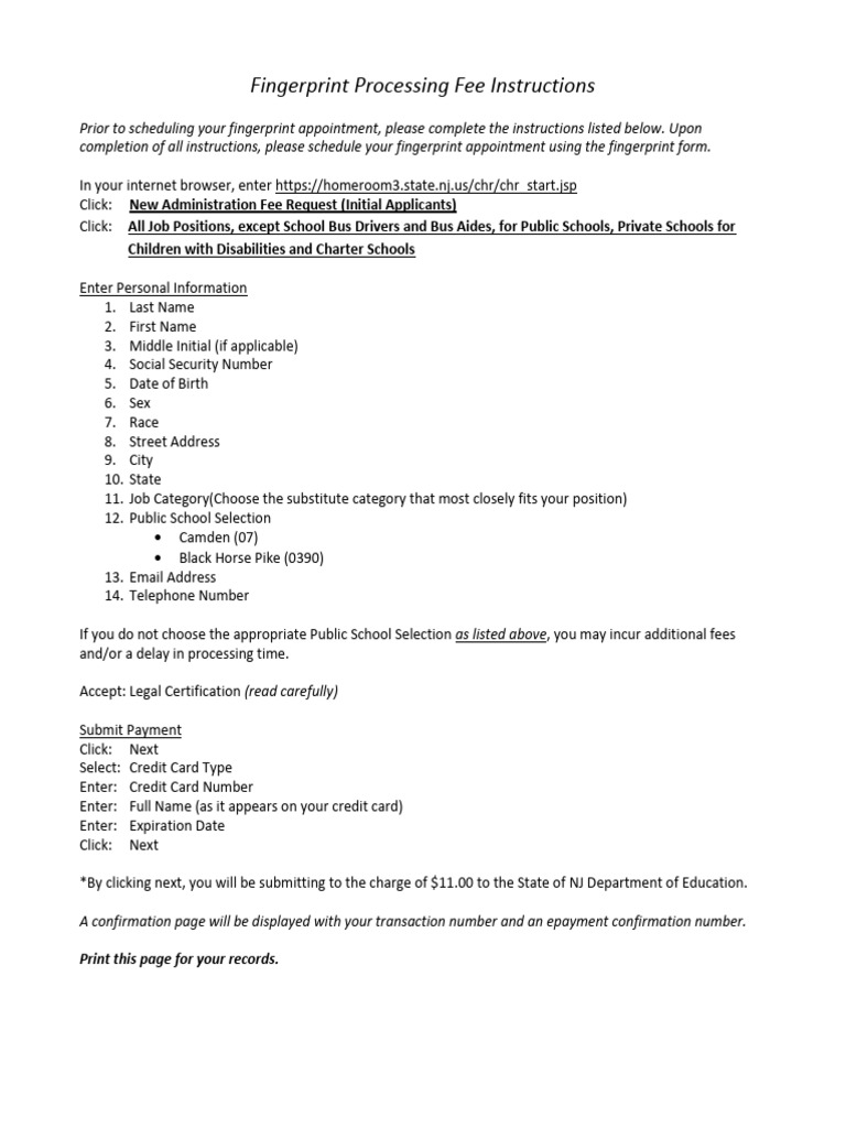 Camden Fingerprint Processing Fee Instructions | PDF