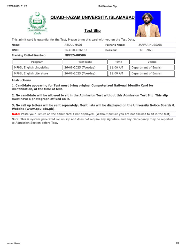 QAU Test Slip ... | PDF