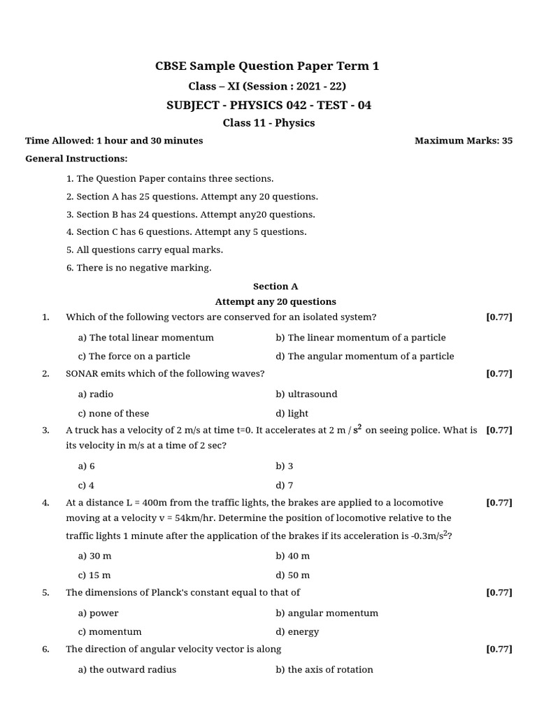 CBSE Sample Question Paper Term 1 Class Xi -4 | PDF | Force | Velocity