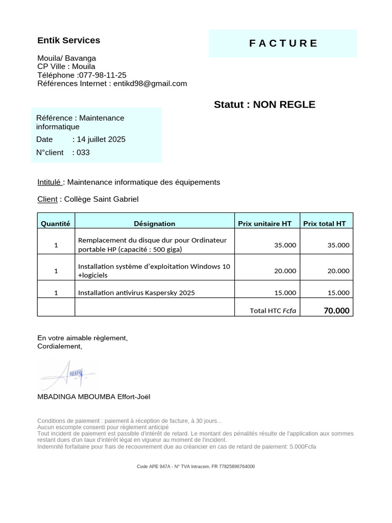 Facture de Maintenance Informatique | PDF | Facture | Informatique