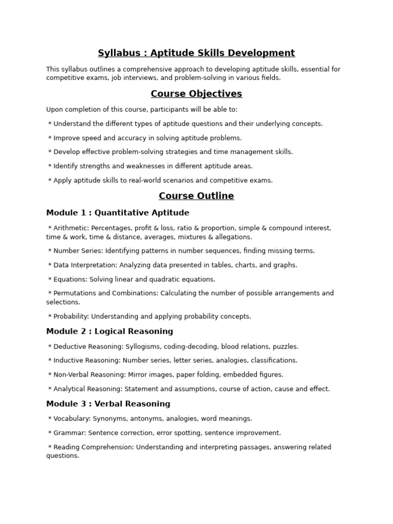 Aptitude Skills Development Syllabus | PDF | Data Analysis | Reason