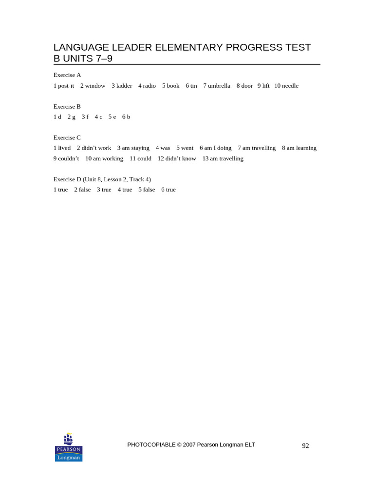 Answer Key Progress Test 7-9B | PDF