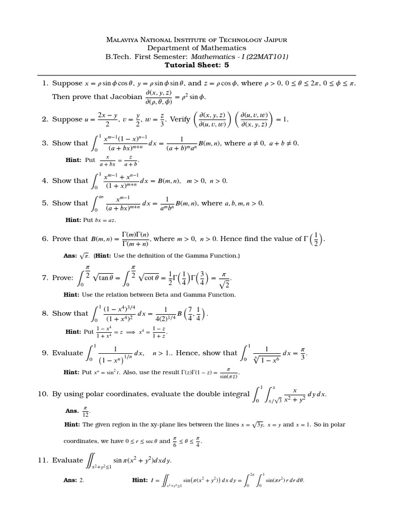 Mathematics I Tutorial Sheet 5 | PDF | Pi | Square Root