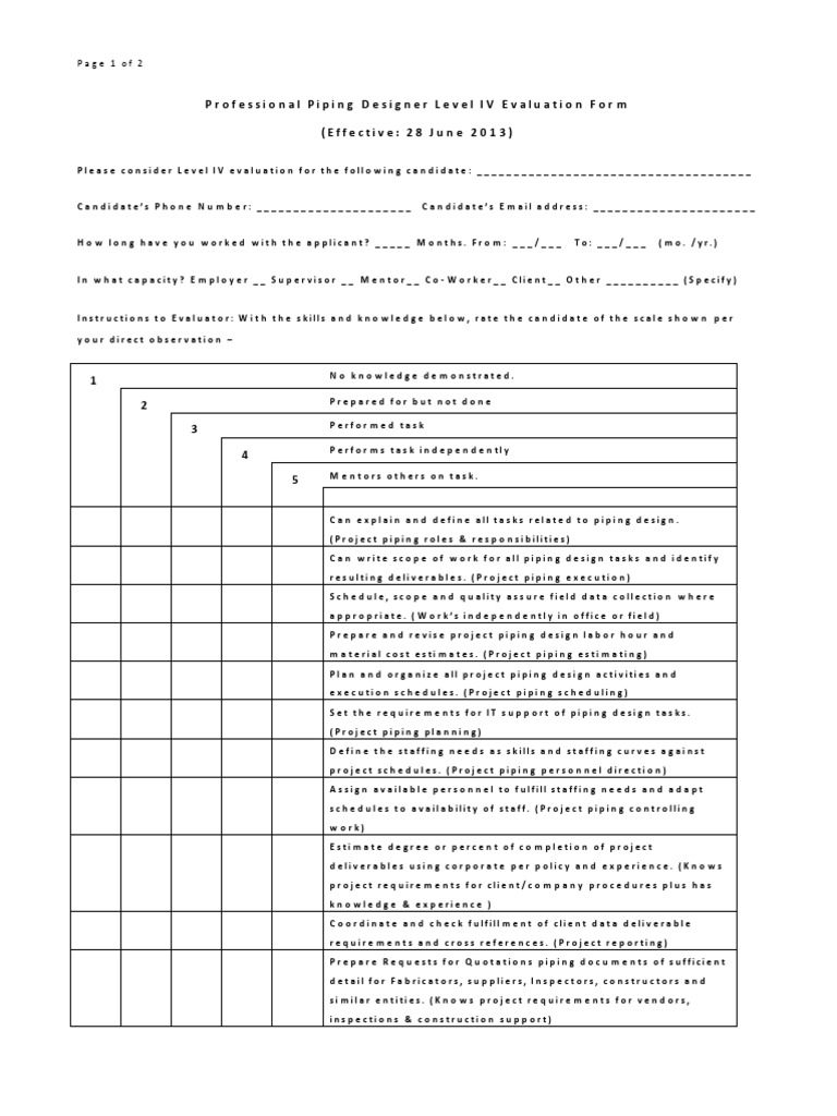 Level IV Piping Designer Evaluation Form | PDF