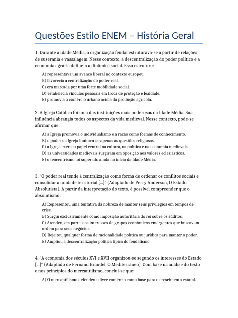 Questões de História Geral para ENEM | PDF | Protestantismo | Idade Média