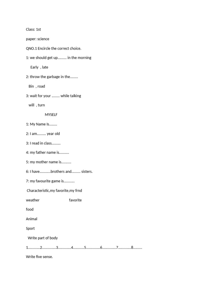 1st Grade Science and General Knowledge Worksheet | PDF