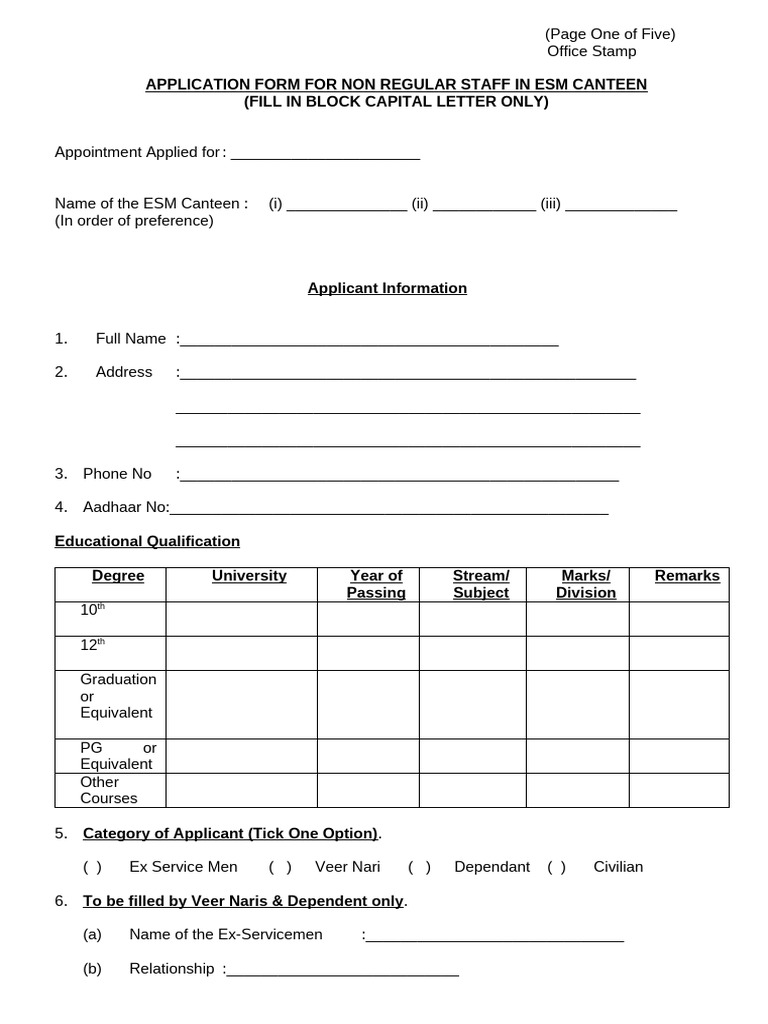 ESM Canteen Non-Regular Staff Application | PDF | Employment