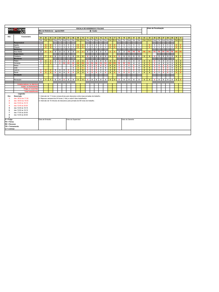 Escala de Horários e Folgas - Agosto 2025 | PDF | Meteorologia ...