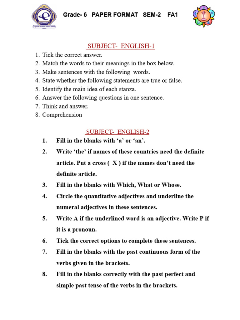 Paper Format Std-6 Sem-2 Fa1 - 2025 | PDF