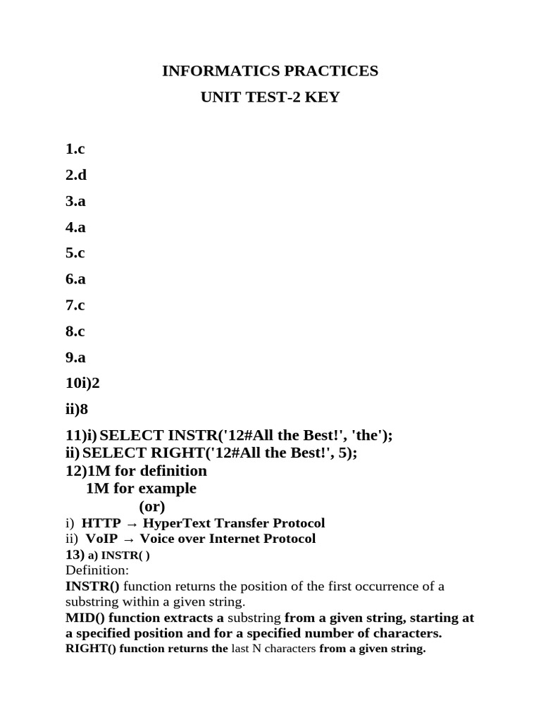 Informatics Practices Unit Test 2 Key | PDF