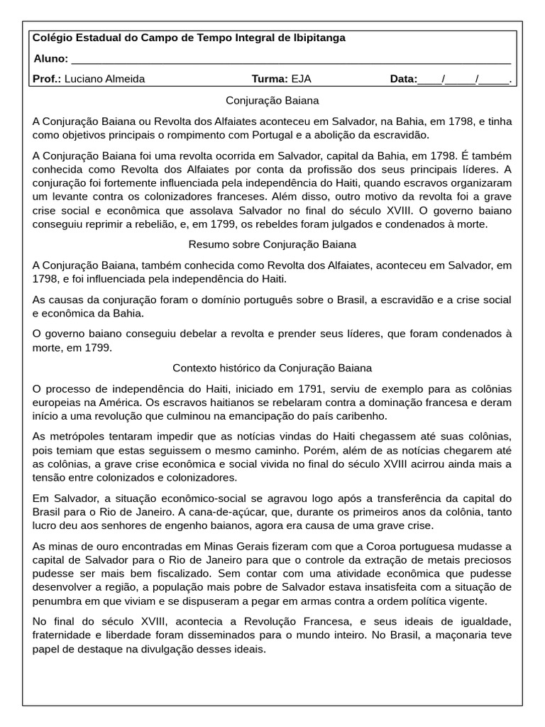 Conjuração Baiana: Revolta dos Alfaiates | PDF