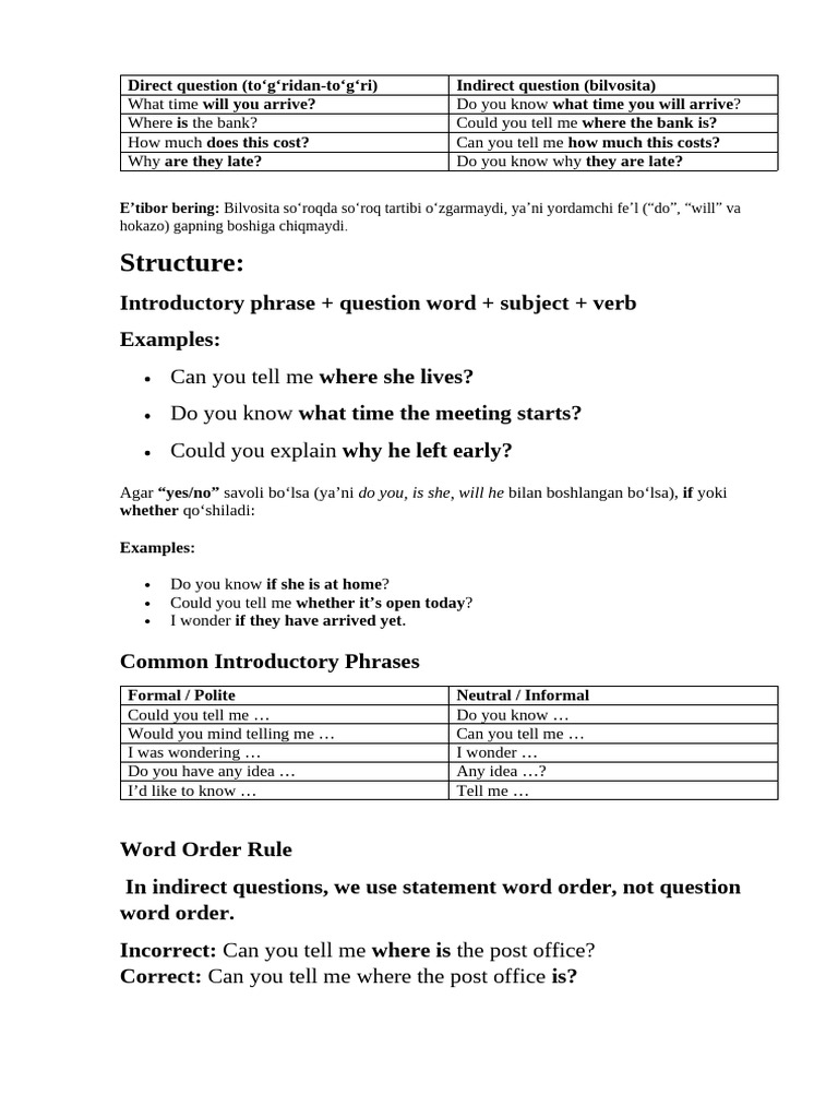 Direct vs. Indirect Questions Guide | PDF | Question | Linguistic Typology