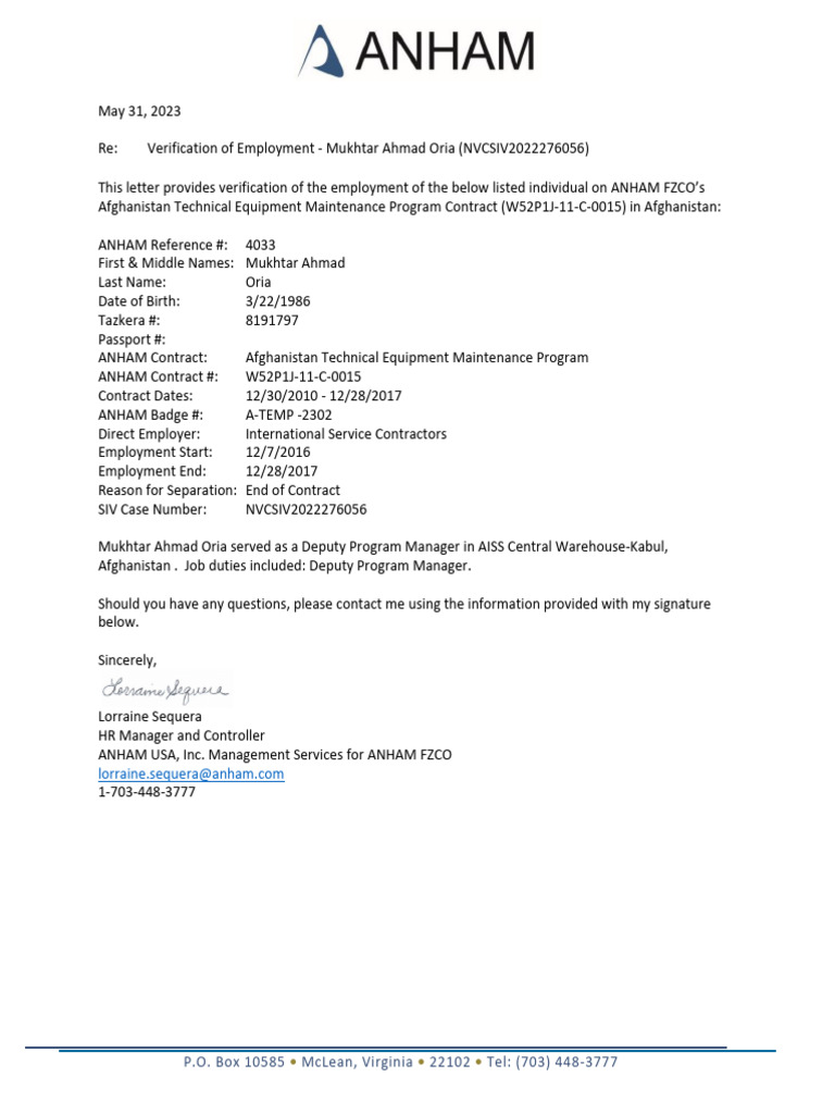 Employment Verification for Mukhtar Oria | PDF