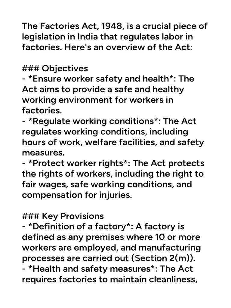 Overview of the Factories Act, 1948 | PDF | Occupational Safety And ...