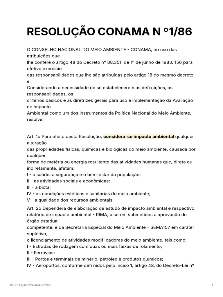 Licenciamento Ambiental: Resolução CONAMA 1/86 | PDF | Declaração de ...