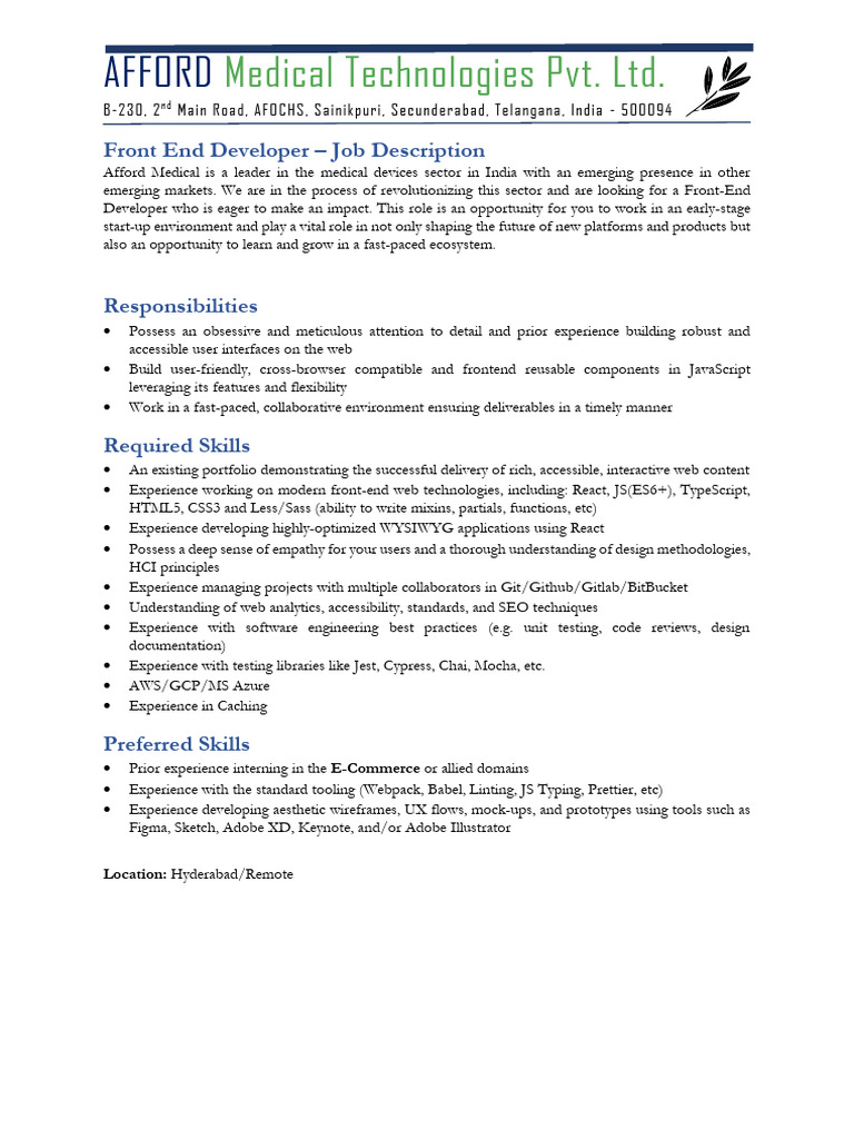 Front End Developer Job at AFFORD Medical | PDF