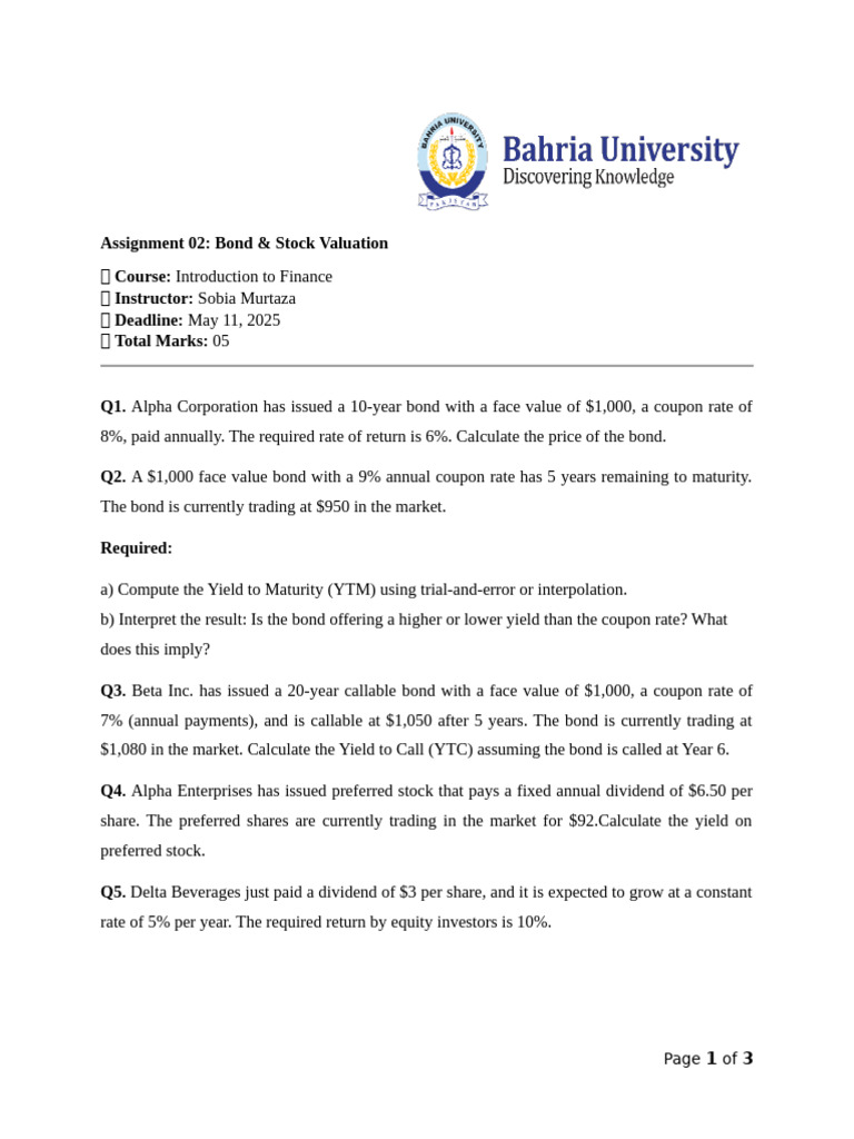 Assignment 02 IFO SP 25 19092025 031725pm | PDF | Yield (Finance ...