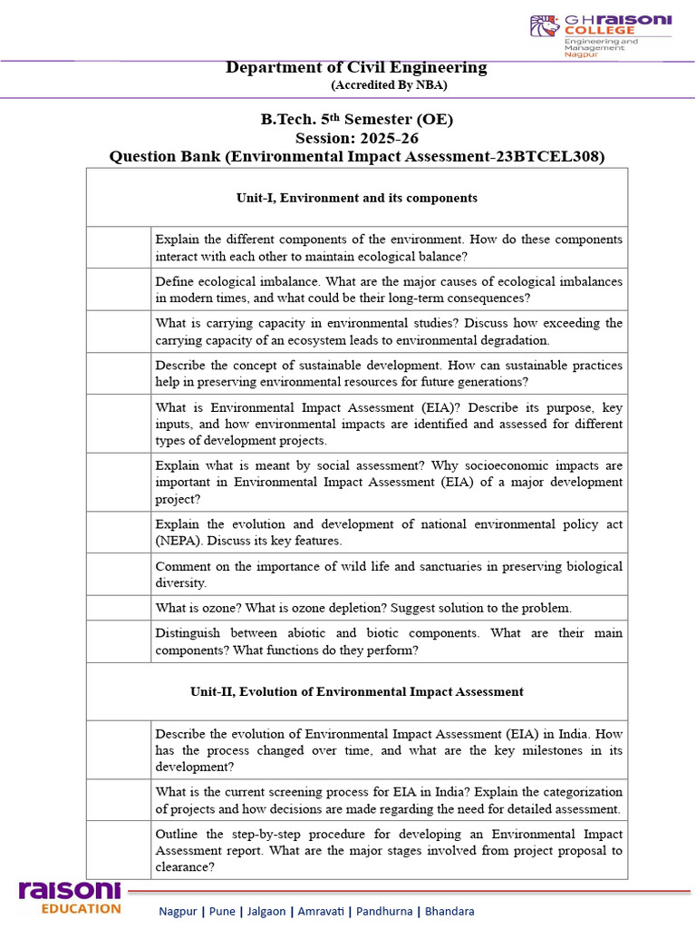 Environmental Impact Assessment Question Bank | PDF | Environmental ...