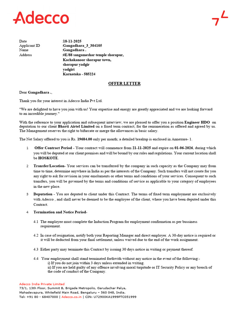 Adecco India Offer Letter for Engineer Position | PDF | Employment ...