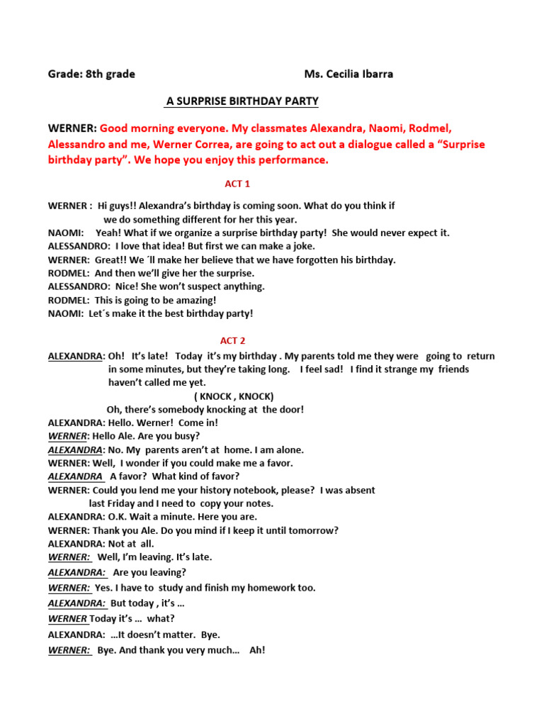 8th Grade Surprise Birthday Party Script | PDF