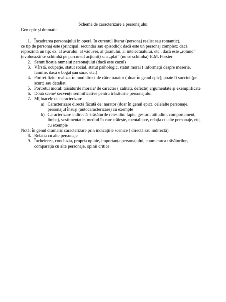Schemă de Caracterizare A Personajului Epic+ Dramatic | PDF