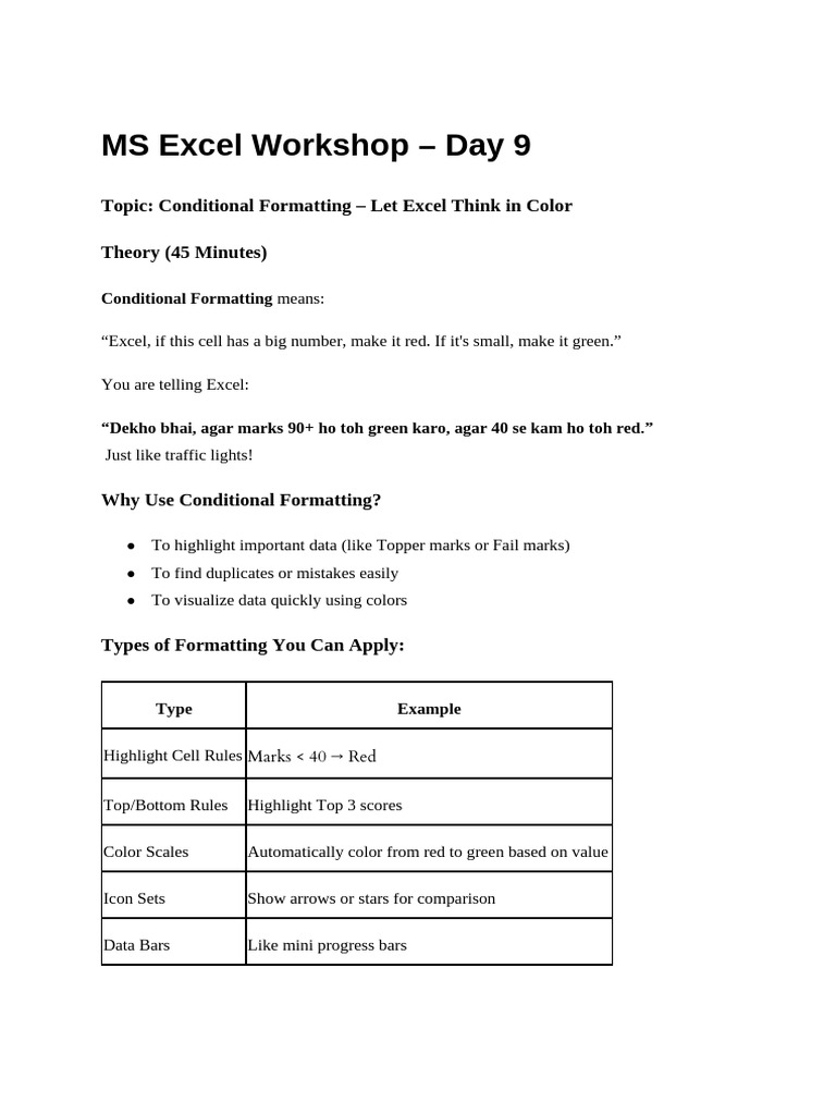 Excel Conditional Formatting Workshop | PDF