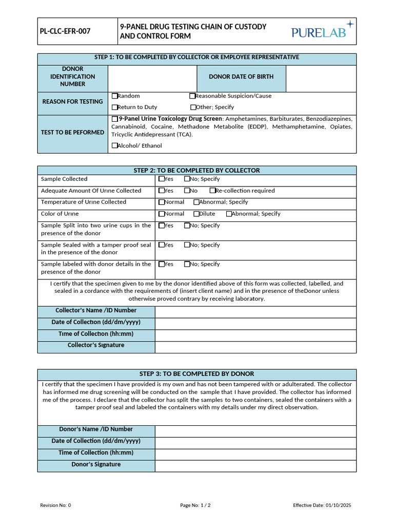 9-Panel Drug Test Chain of Custody Form | PDF | Drug Test | Drugs