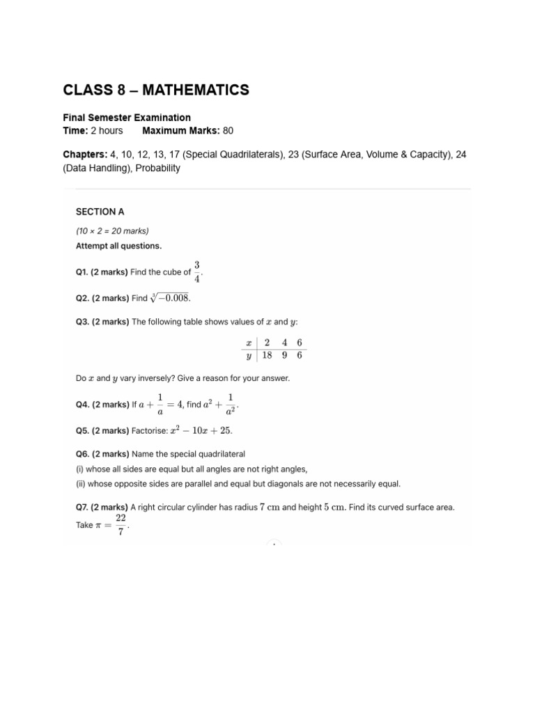 Class 8 Math Exam Guide: Key Chapters | PDF