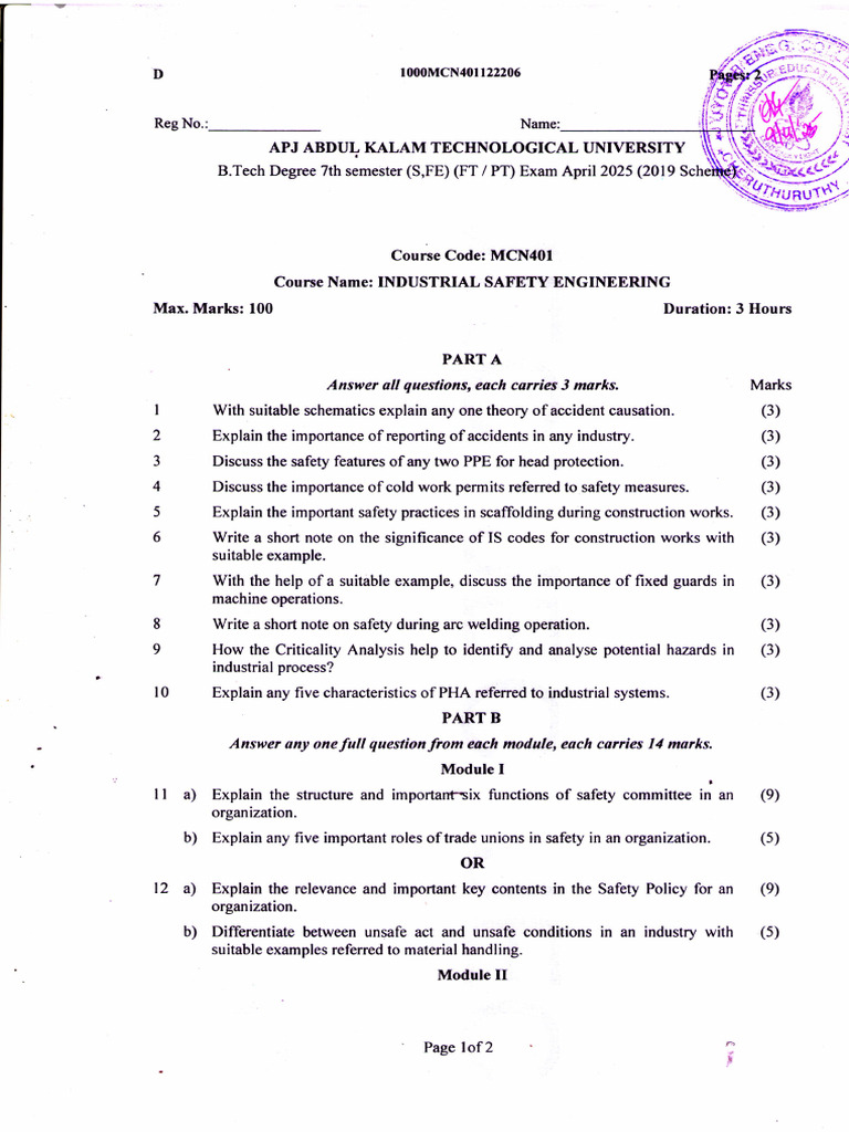 B.Tech Industrial Safety Engineering Exam Guide | PDF | Safety | Hazards
