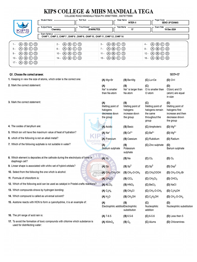 Chemistry - II Objective G-A Send Up 10-December 2024 | PDF | Sulfate ...