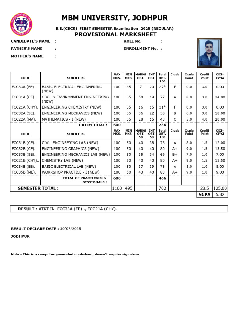 MBM University 2025 B.E. First Semester Marks | PDF | Engineering ...